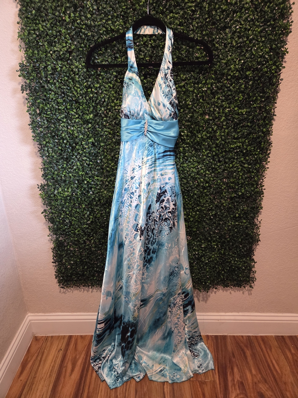 Deb Turquoise & White Halter Maxi Dress with Abstract Swirl Print